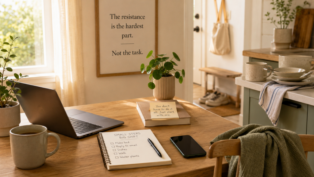 A calm desk scene with everyday tasks, representing mental resistance before starting small chores and routines.