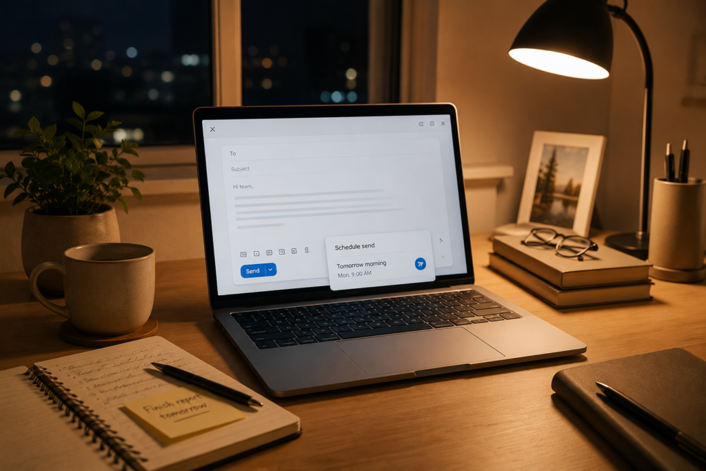 Work from home desk at night with scheduled email draft for better boundaries