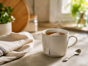 Tea bag steeping in a mug with a spoon beside it